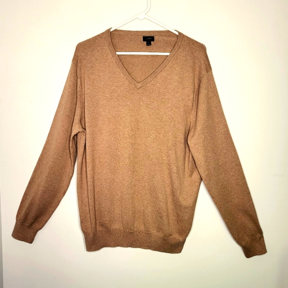 J.Crew Mens Sweater Size L Cotton Cashmere Thin Knit Brown V-neck Long Sleeve